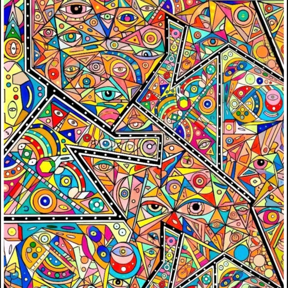 Twarze — wielobarwny plakat abstrakcyjny Sylwestra Tarawskiego, geometryczne motywy twarzy i oczu