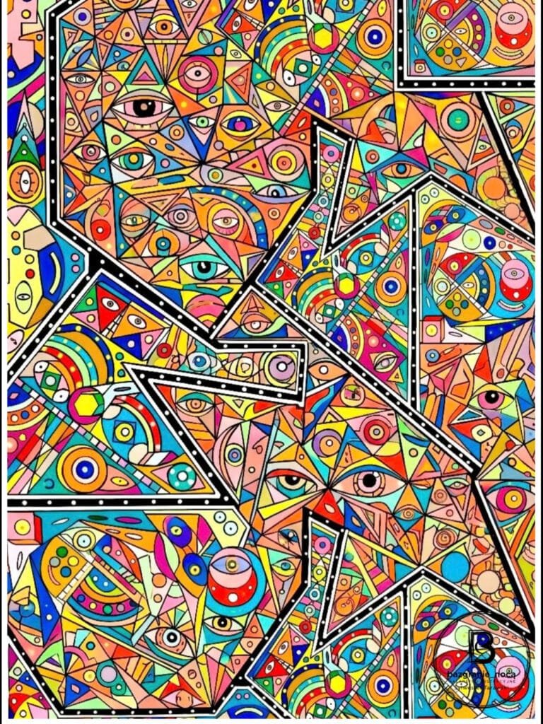 Twarze — wielobarwny plakat abstrakcyjny Sylwestra Tarawskiego, geometryczne motywy twarzy i oczu