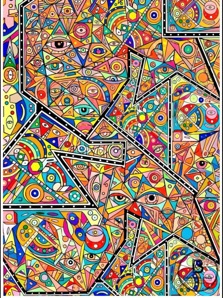 Twarze — wielobarwny plakat abstrakcyjny Sylwestra Tarawskiego, geometryczne motywy twarzy i oczu
