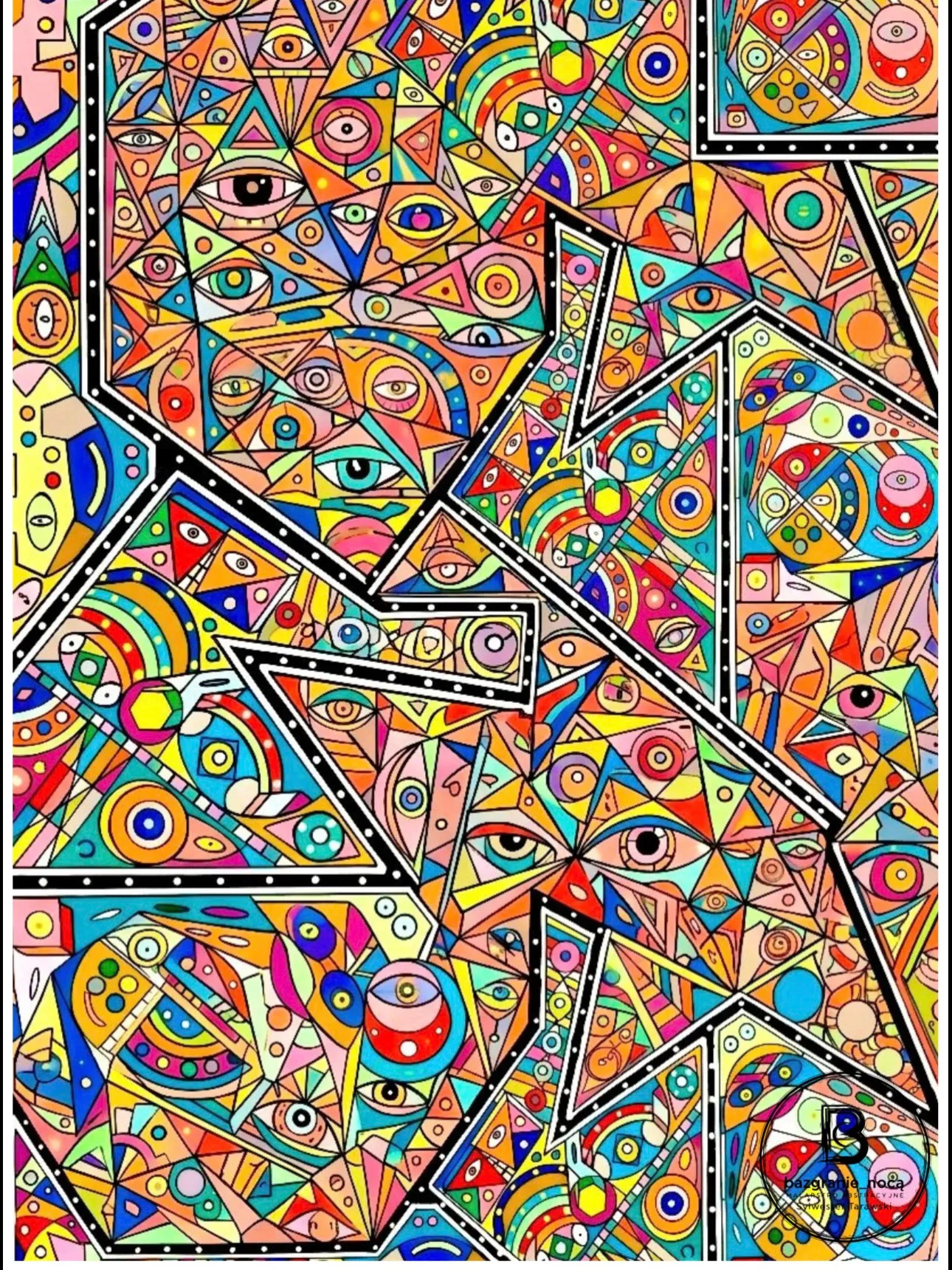 Twarze — wielobarwny plakat abstrakcyjny Sylwestra Tarawskiego, geometryczne motywy twarzy i oczu